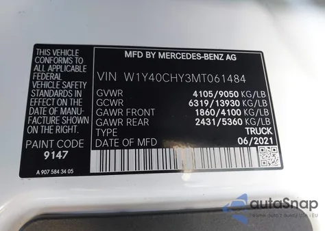 2021 Mercedes-Benz Sprinter 2500 High Roof I4 z USA, uszkodzony, nr VIN W1Y40CHY3MT061484